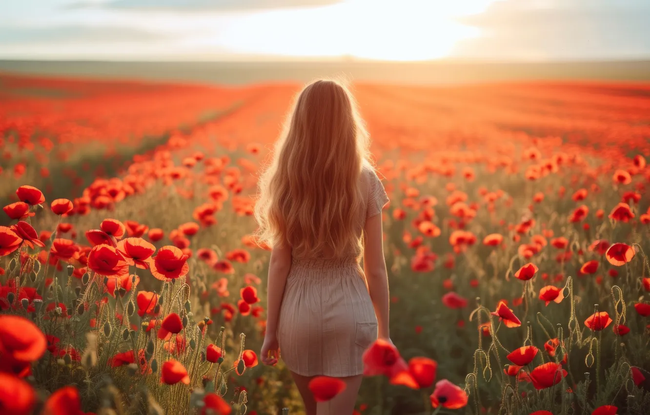 Photo wallpaper field, summer, the sky, girl, the sun, flowers, red, back