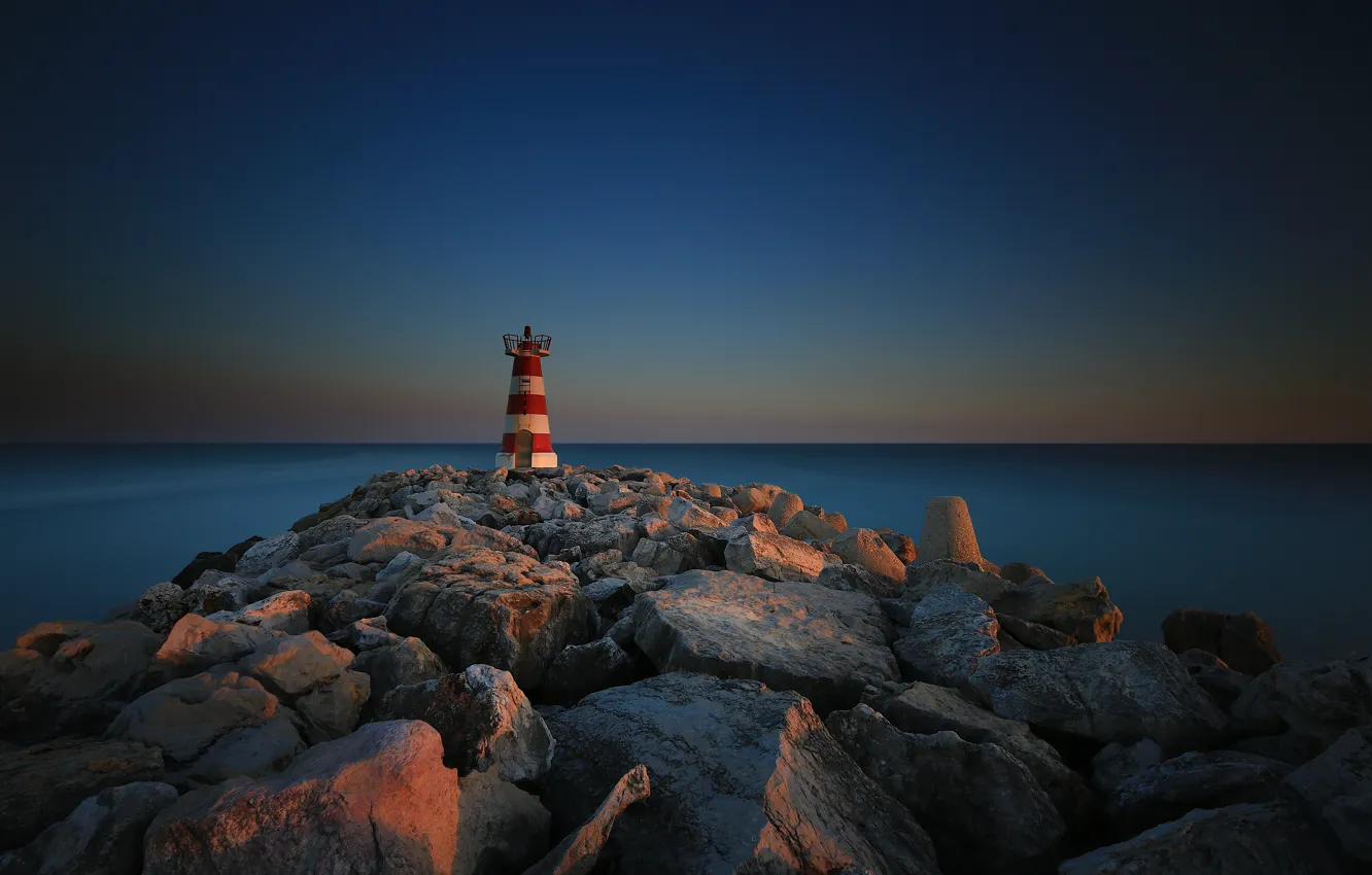 Photo wallpaper sea, stones, lighthouse, Portugal, Faro, the breakwater, Vilamoura