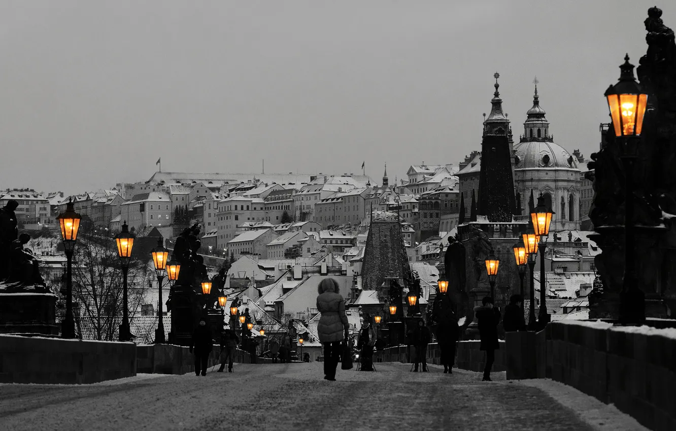 Photo wallpaper bridge, Prague, Czech Republic, lights
