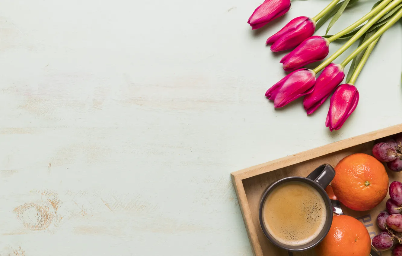 Photo wallpaper flowers, red, bouquet, tulips, red, fruit, wood, flowers