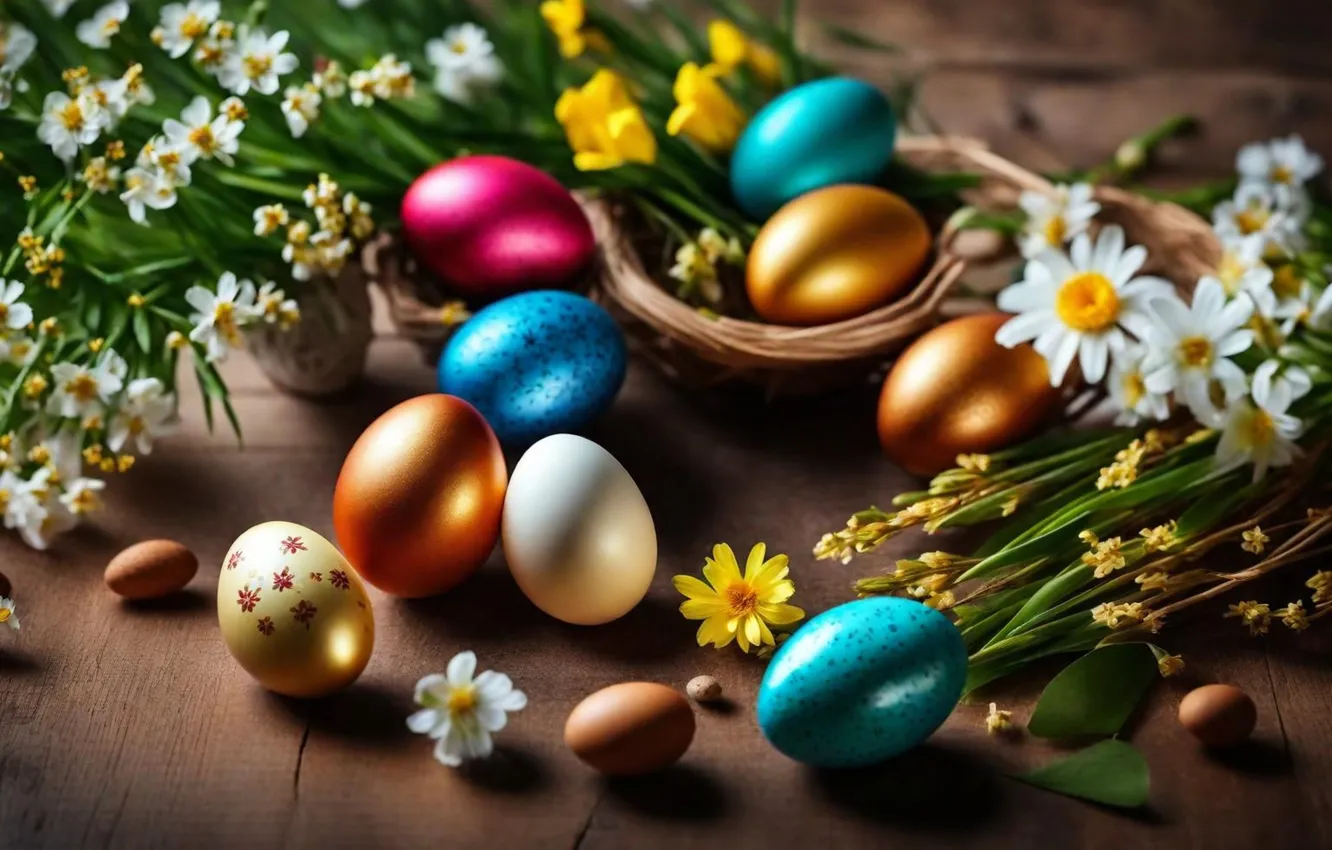 Photo wallpaper flowers, eggs, spring, colorful, Easter, flowers, spring, Easter