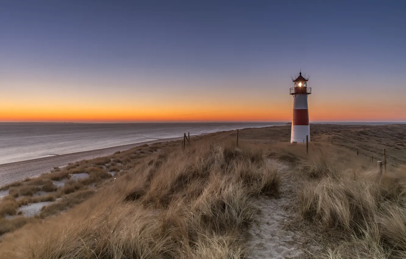 Photo wallpaper sea, sunset, shore, lighthouse