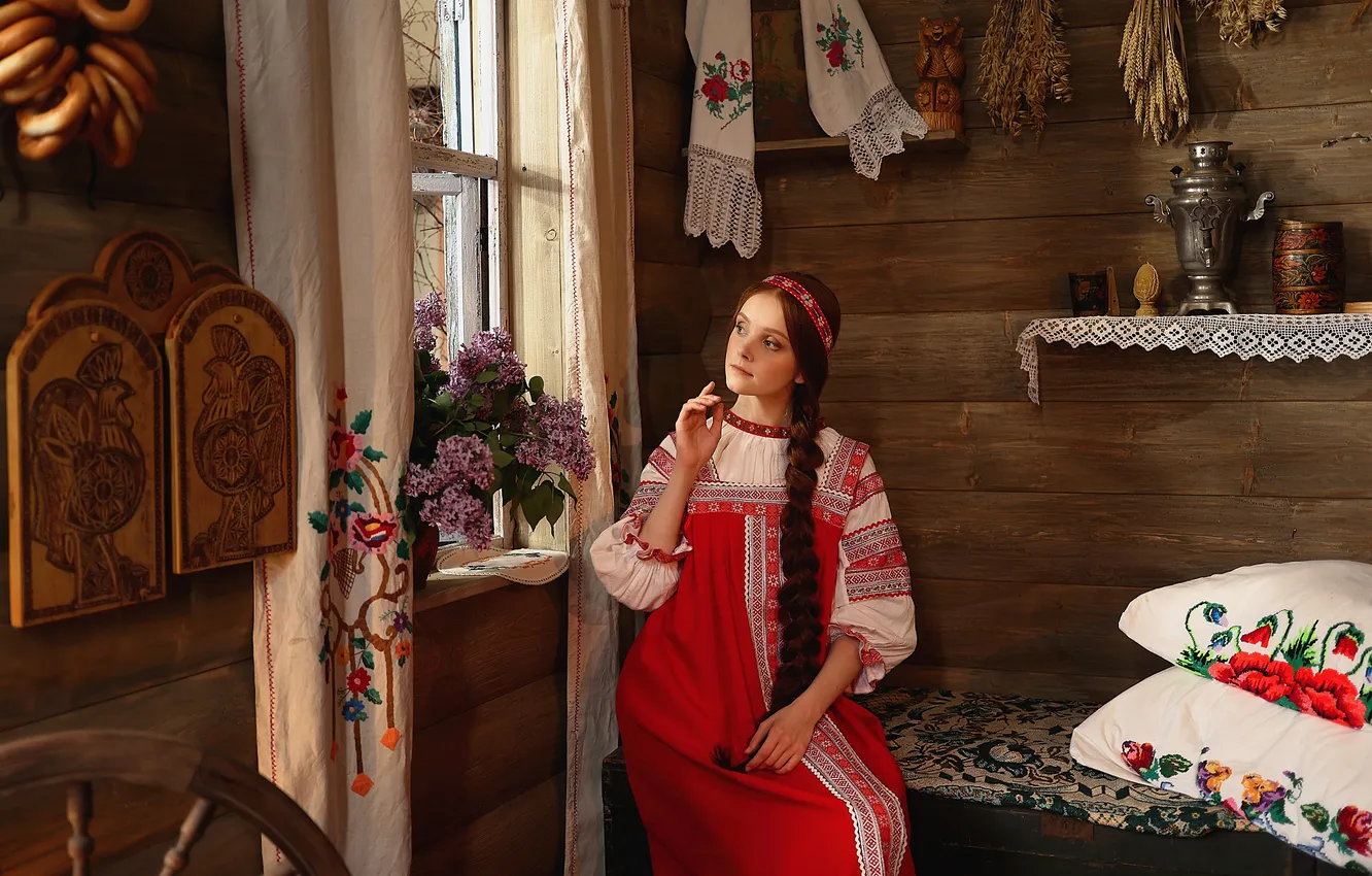 Photo wallpaper look, girl, style, retro, home, hut, sundress, Russian beauty