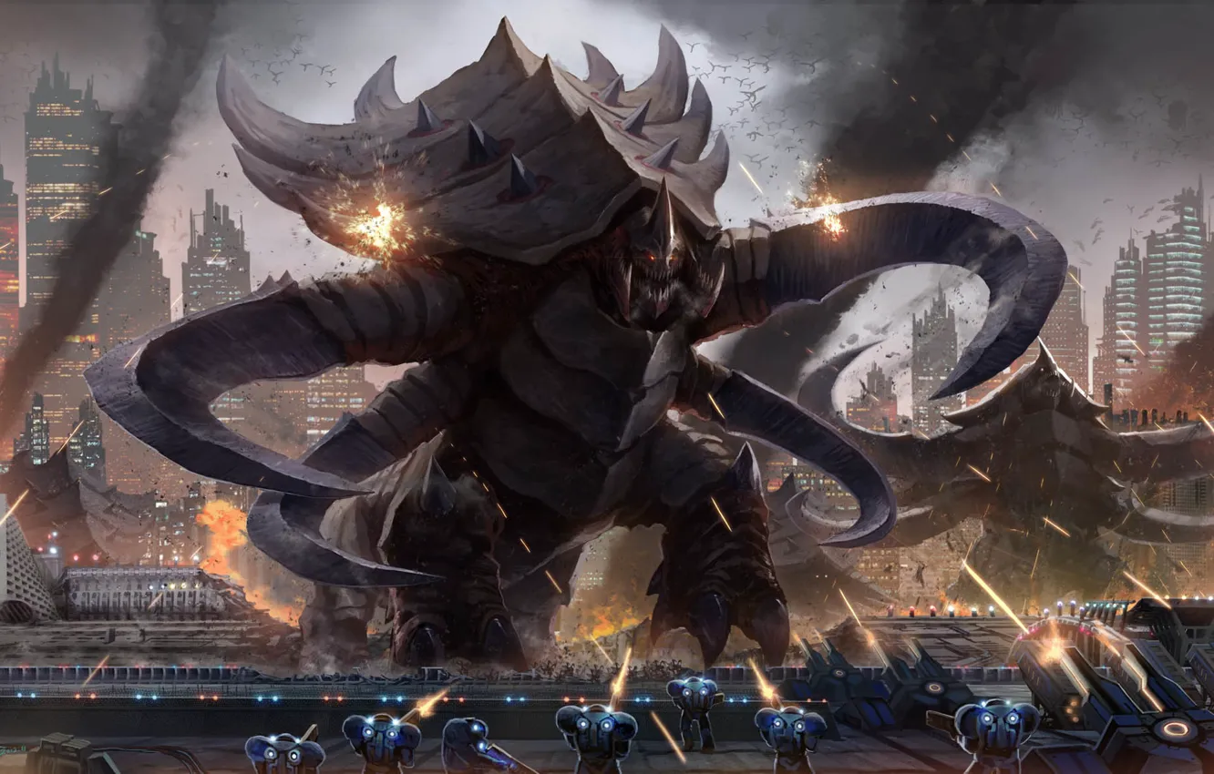 Photo wallpaper the city, weapons, monster, shot, art, attack, starcraft, green tear