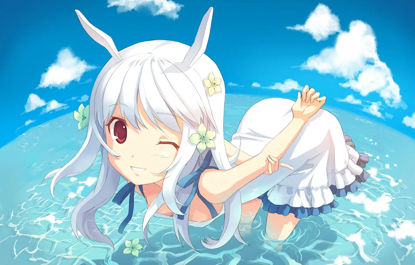 Photo wallpaper sea, the sky, look, water, girl, clouds, flowers, smile