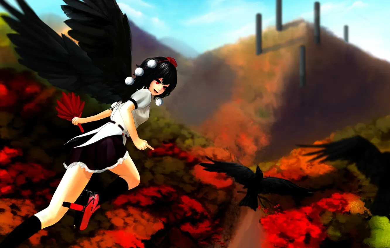 Photo wallpaper autumn, forest, girl, flight, joy, bird, wings, touhou
