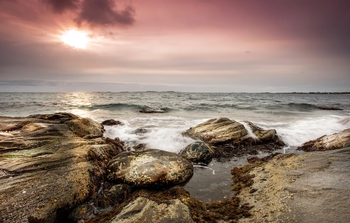 Photo wallpaper sea, the sky, sunset, stones, coast, horizon, surf