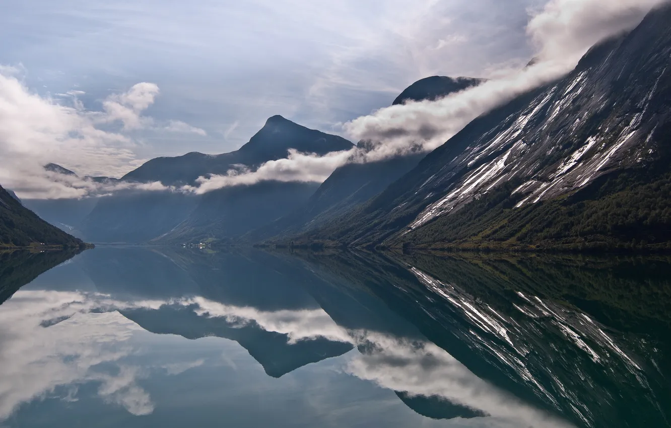 Photo wallpaper clouds, mountains, lake, reflection, Norway, Norway