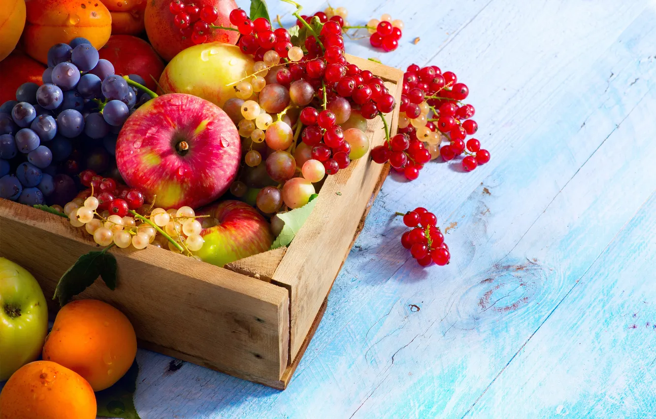 Photo wallpaper berries, apples, grapes, fruit, box, currants, apricots