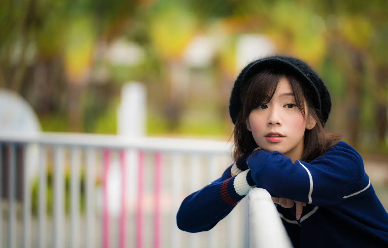 Photo wallpaper look, girl, cap, Asian, cutie, bokeh