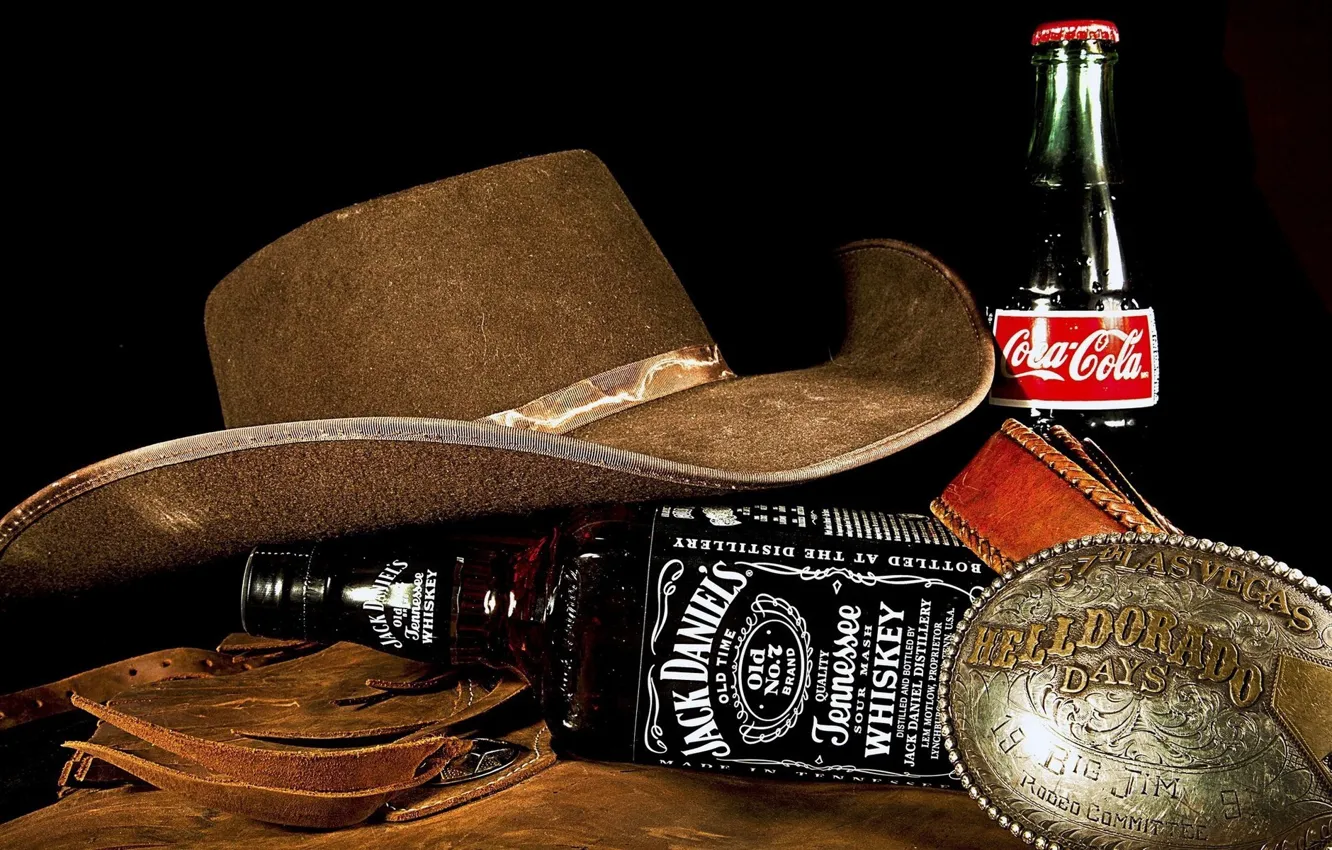 Photo wallpaper bottle, black background, whiskey, cowboy hat, Coca Cola, drink, Coca Cola, buckle