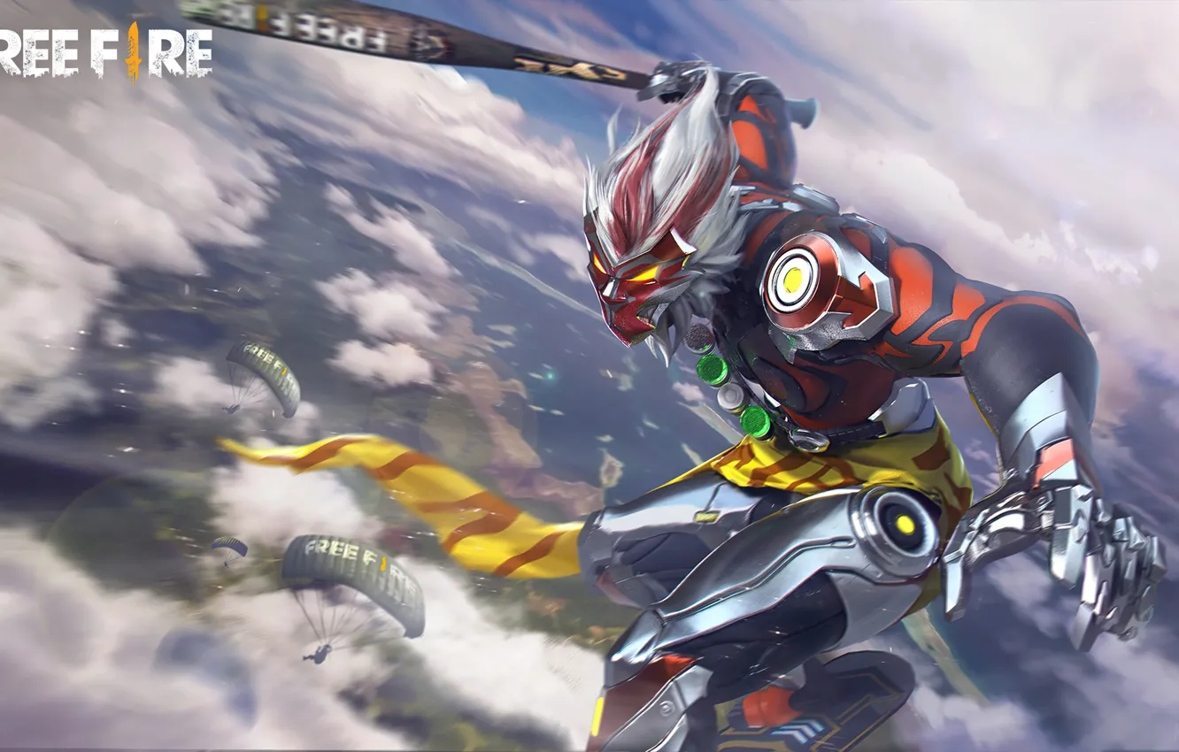 Photo wallpaper clouds, flight, the game, mask, parachute, game, flight, characters