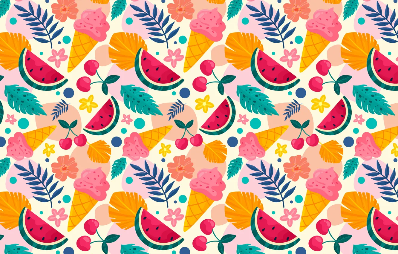 Photo wallpaper summer, leaves, flowers, cherry, berries, sprig, texture, watermelon