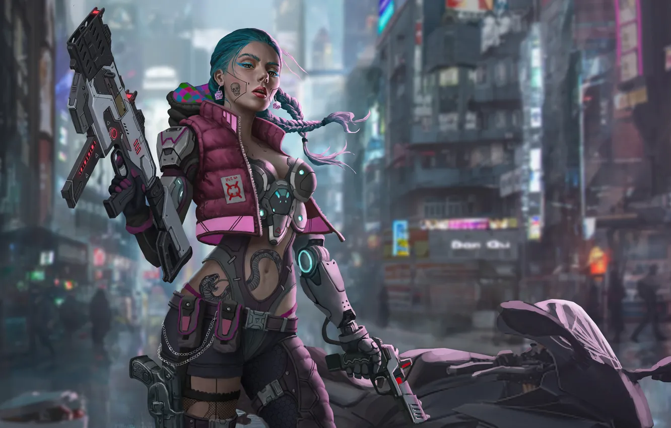 Photo wallpaper girl, art, Fiction, Weapons, Cyberpunk 2077
