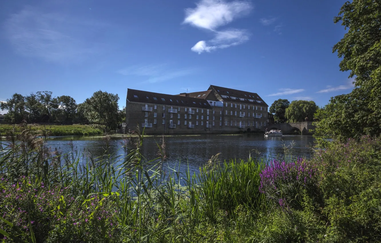 Photo wallpaper river, vegetation, England, building, boat, reed, England, Huntington