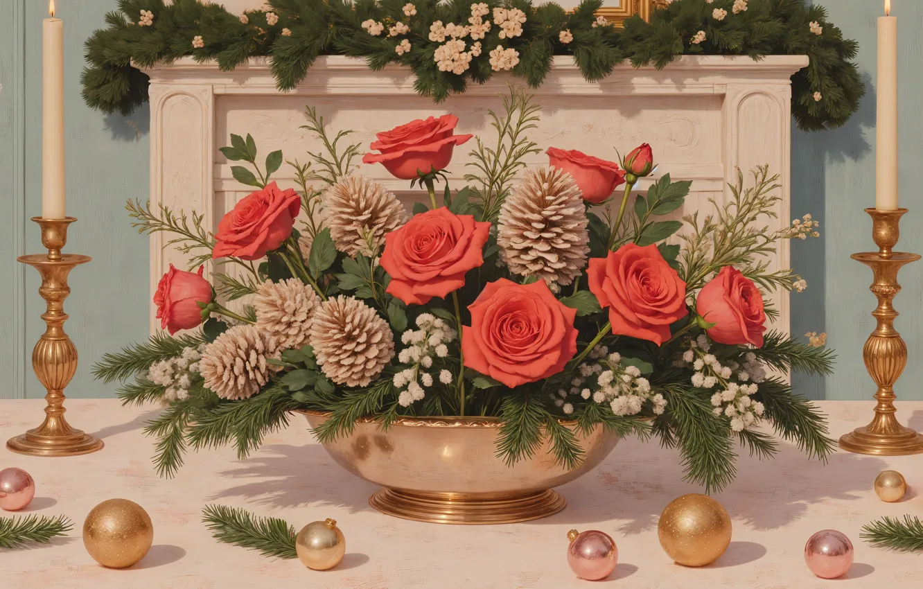 Photo wallpaper balls, flowers, red, new year, roses, bouquet, Christmas, vase