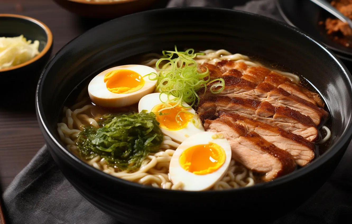 Photo wallpaper greens, eggs, bow, meat, bowl, cutting, piece, noodles