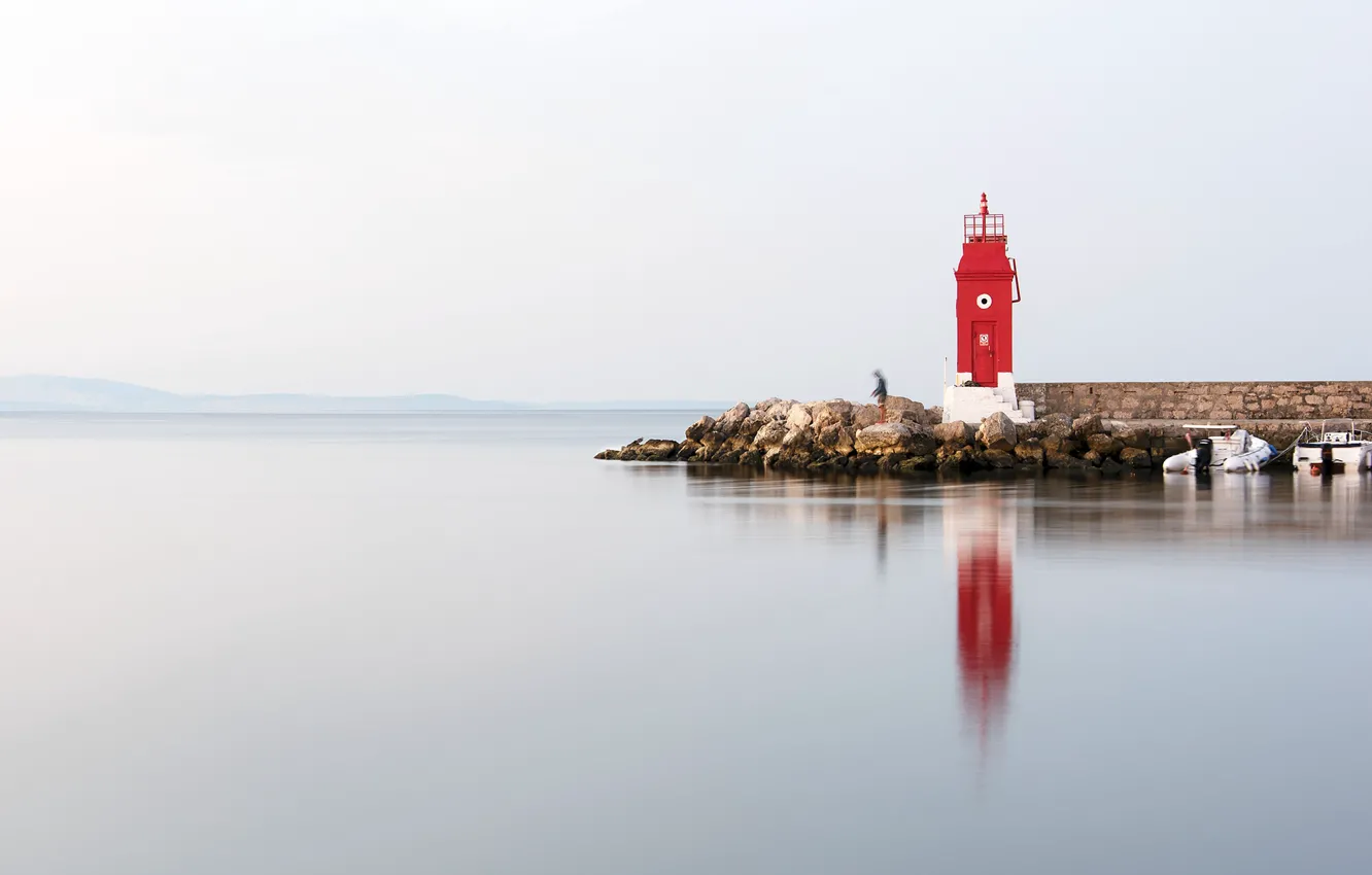 Photo wallpaper sea, hills, boats, lighthouse, fisherman, Croatia, Adriatic Sea, Krk