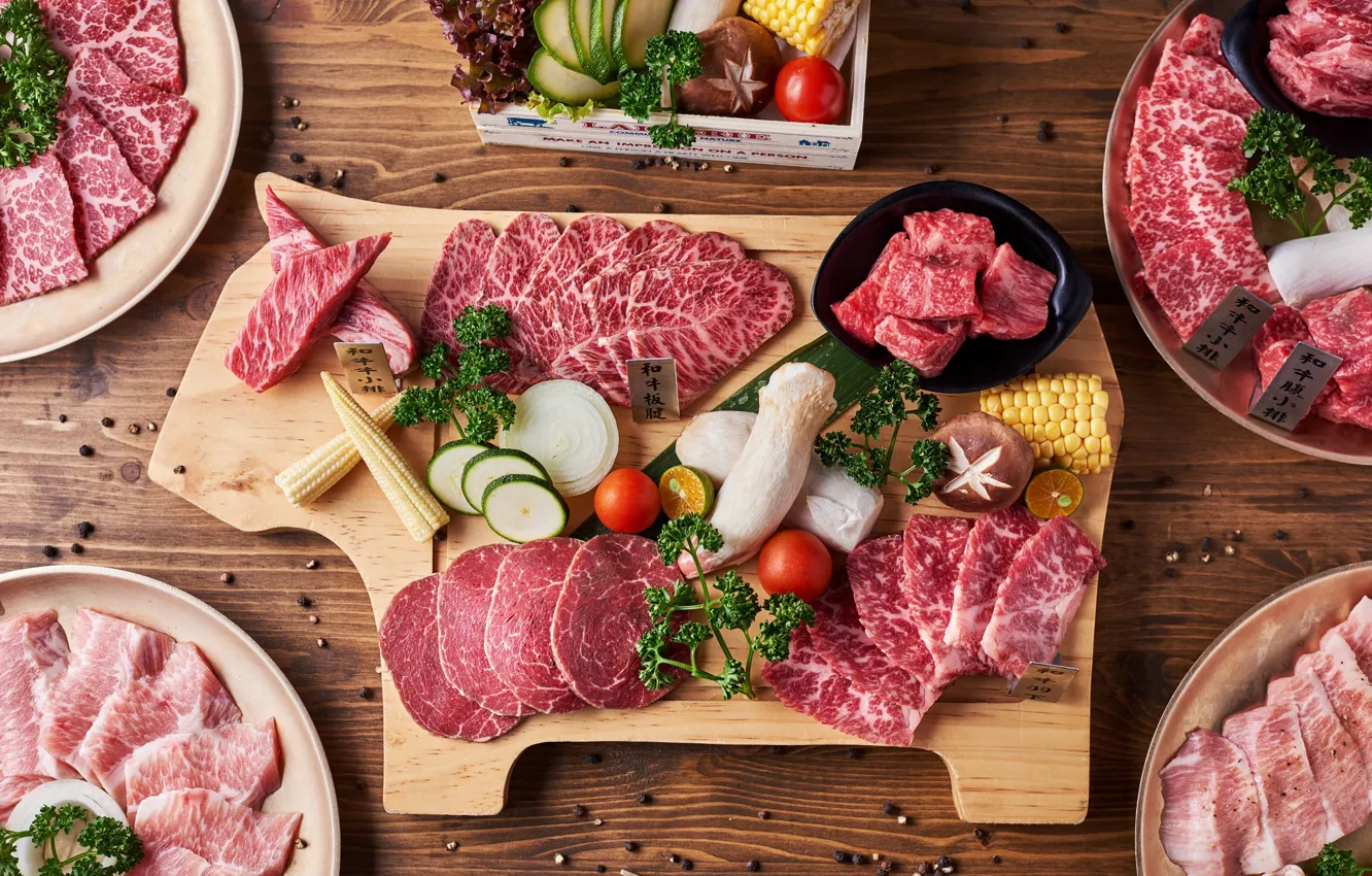 Photo wallpaper meat, vegetables, marble