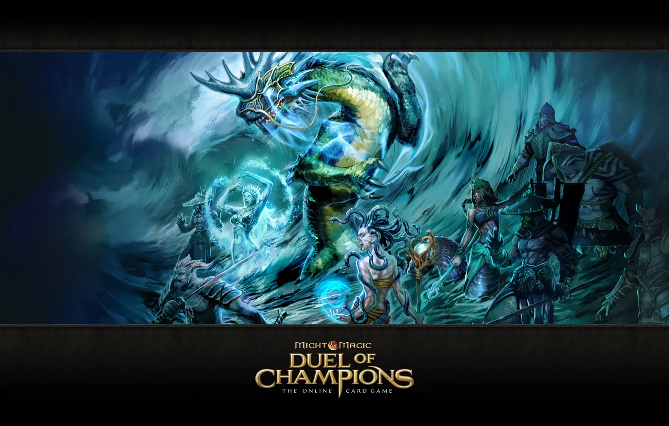 Photo wallpaper sanctuary, Might &amp; Magic: Duel of Champions, Coral priestess, Naga-warrior, Wanizame, Kirin, Nancy, Mizu-kami
