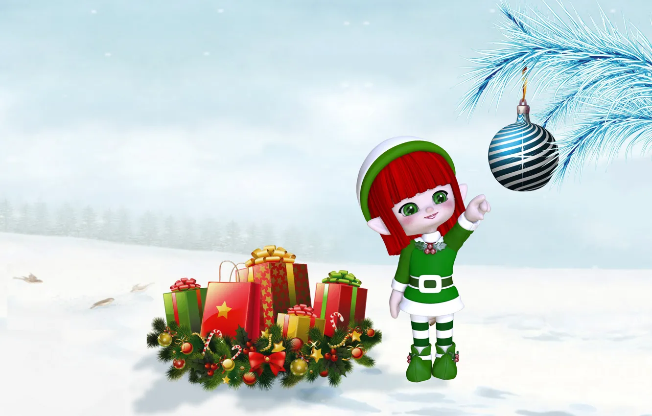 Photo wallpaper winter, snow, branches, holiday, elf, new year, ball, Christmas