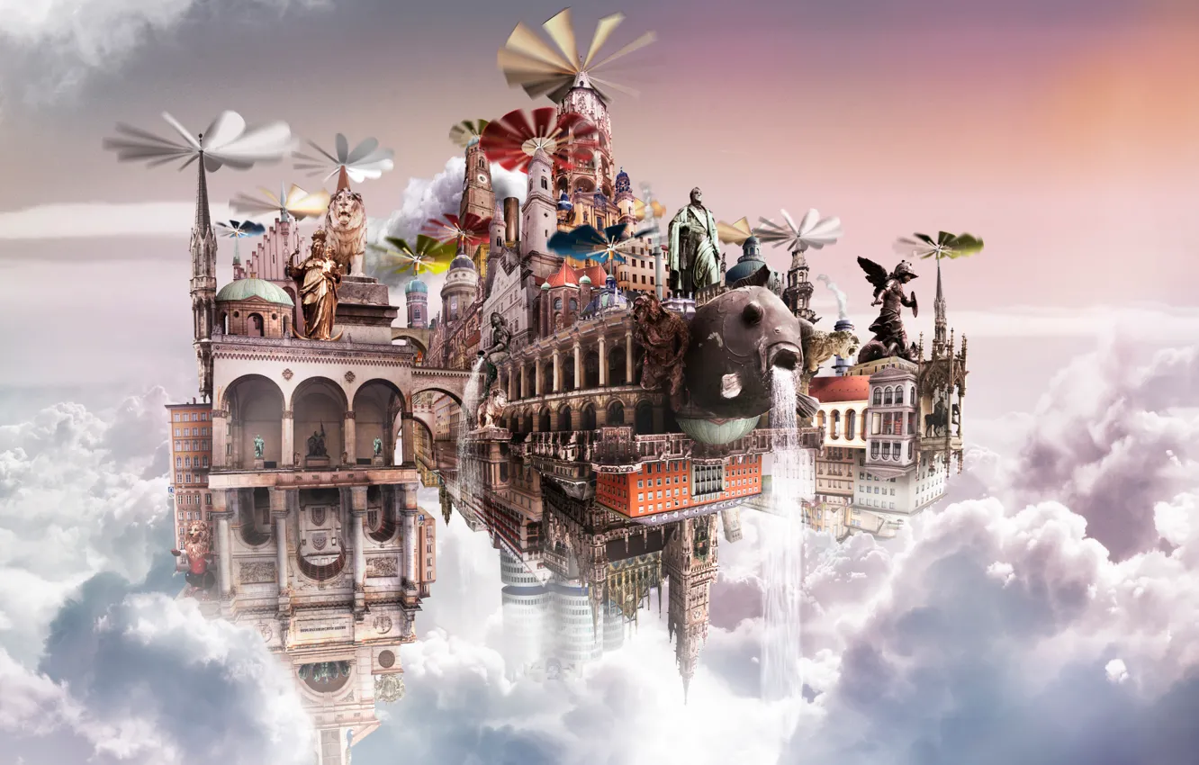 Photo wallpaper clouds, building, figure, propeller, cloudscape