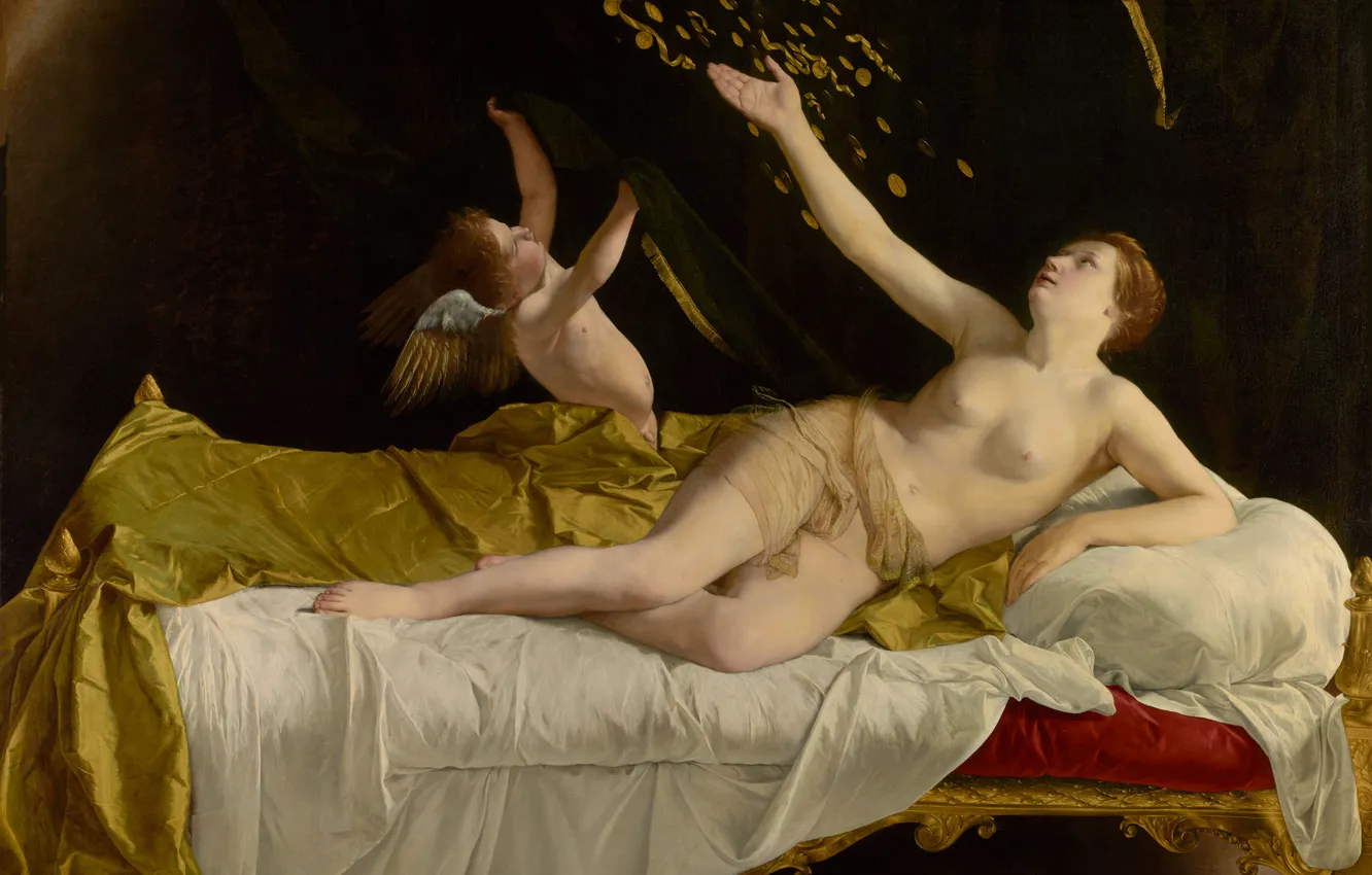 Photo wallpaper girl, Cupid, bed, picture, naked, Italian artist, Danae, Orazio Gentileschi