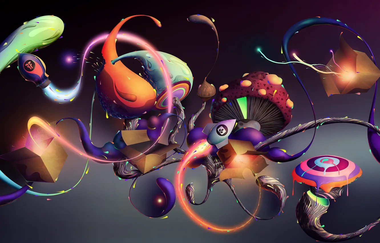 Photo wallpaper box, sign, mushrooms, rocket, out of the box