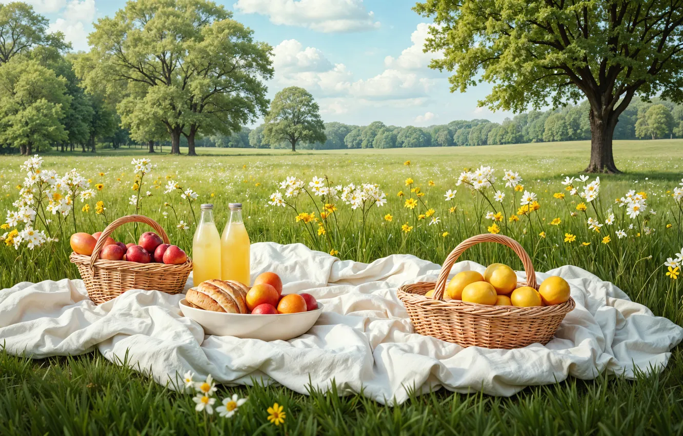 Photo wallpaper field, flowers, spring, colorful, meadow, picnic, blossom, flowers