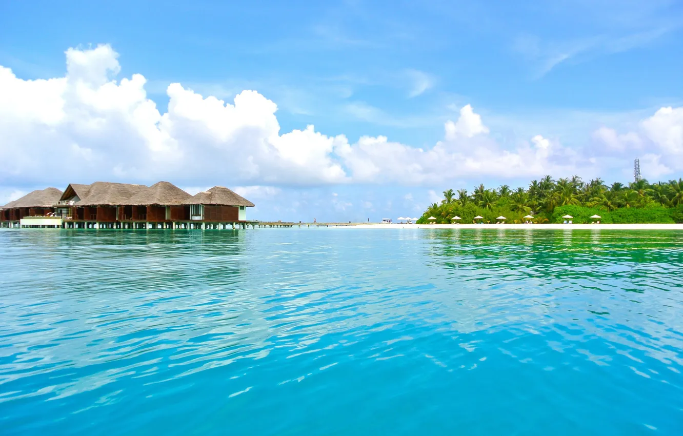Photo wallpaper summer, clouds, trees, palm trees, summer, The Maldives, resort, Maldives