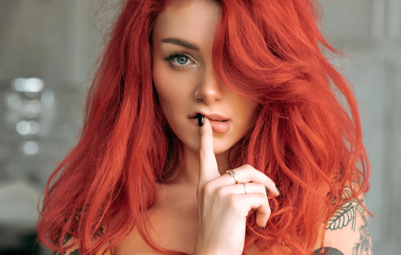 Photo wallpaper eyes, look, girl, hair, portrait, tattoo, lips, red