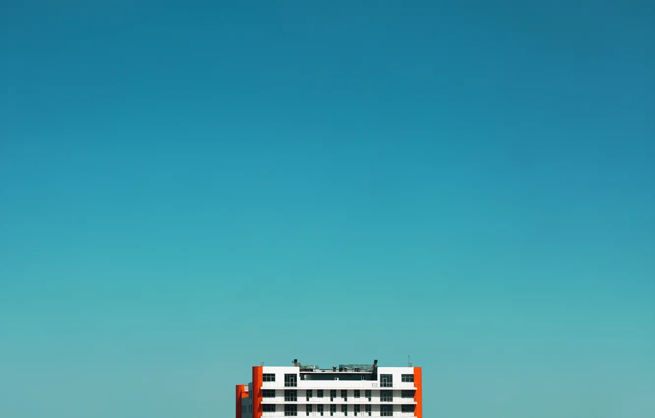 Photo wallpaper the sky, blue, the building, minimalism, gradient, beautiful, orange, blue sky
