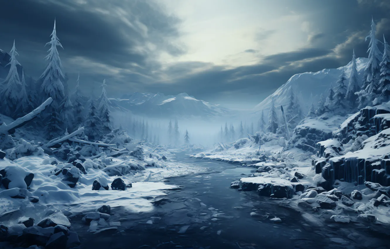 Photo wallpaper winter, frost, forest, the sky, clouds, snow, landscape, mountains