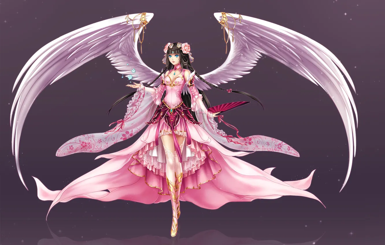Photo wallpaper look, face, background, wings, angel, anime, dress, angel