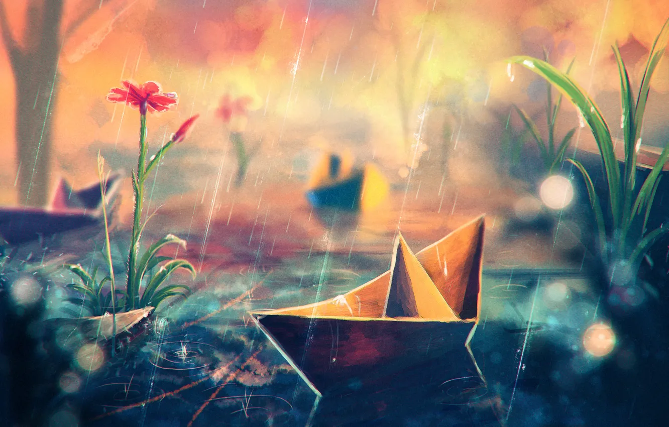 Photo wallpaper grass, flowers, rain, art, paper ship
