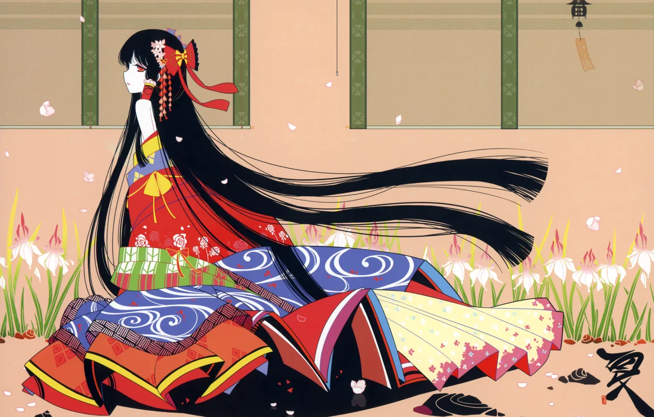 Photo wallpaper pattern, kimono, irises, long hair, touhou, art, hakurei reimu, Touhou Project