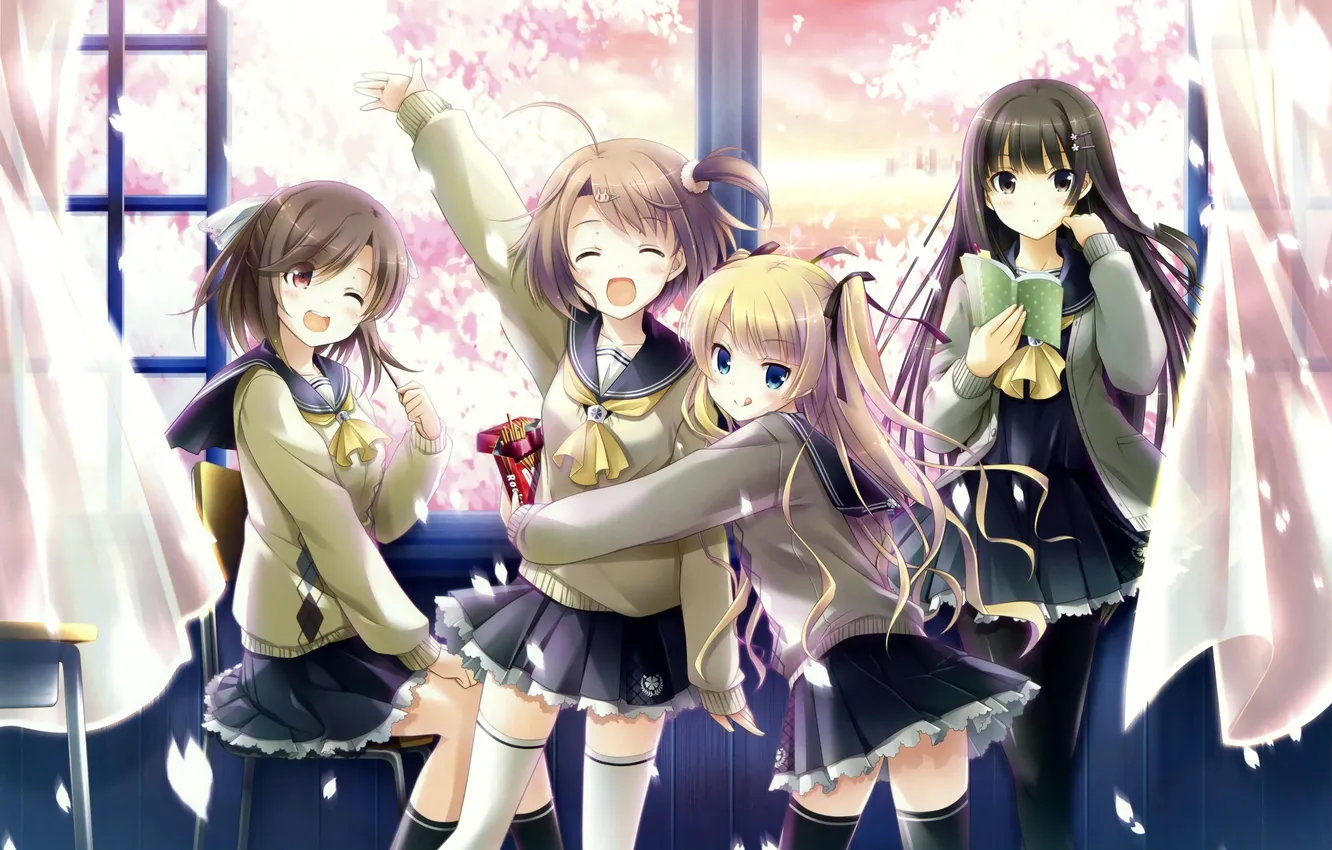 Photo wallpaper the sky, girl, clouds, trees, anime, petals, Sakura, art