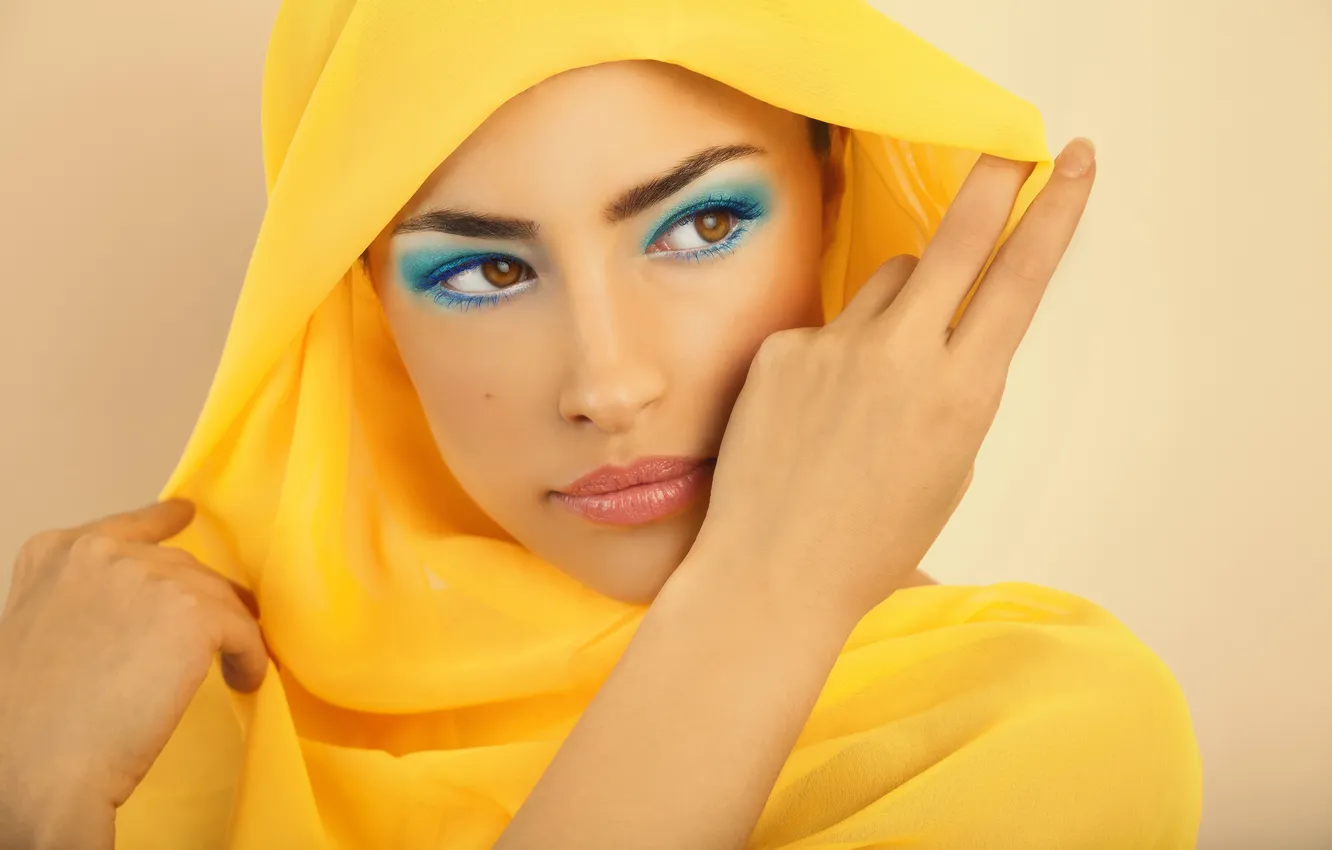Photo wallpaper look, girl, model, hands, makeup, fabric, shawl
