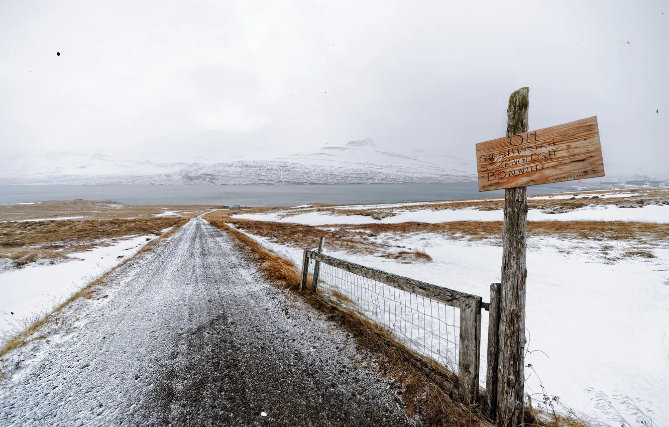 Photo wallpaper road, snow, landscape, sign