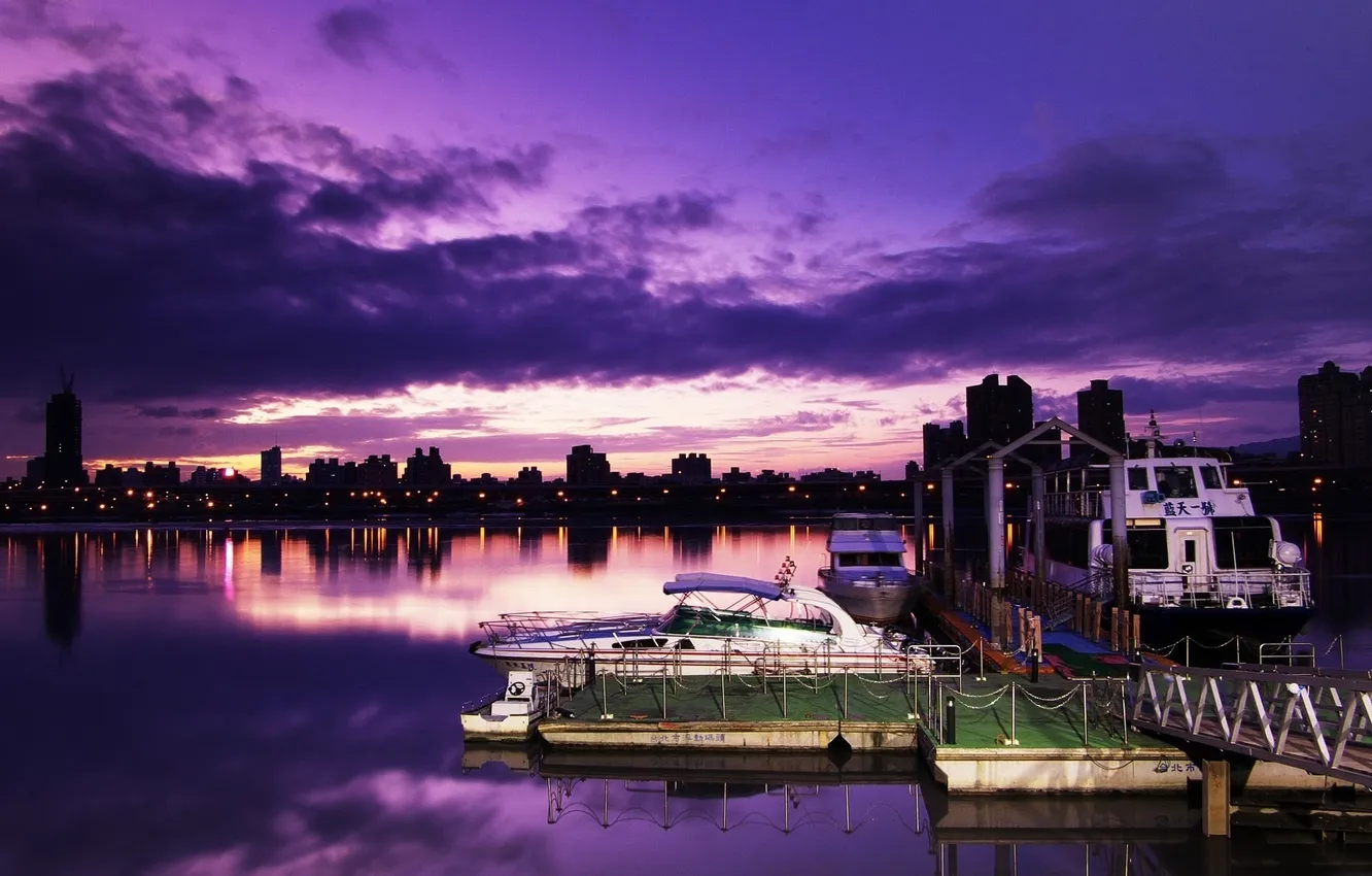 Photo wallpaper sunset, the city, pier, boat, lights.