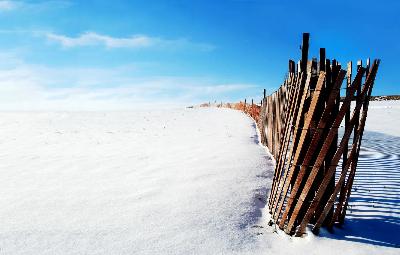 Photo wallpaper winter, snow, the fence, Sunny, stick, wood