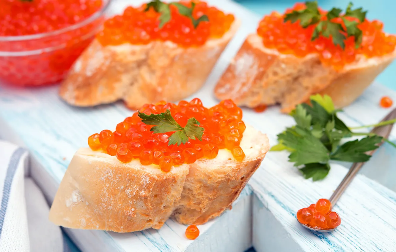 Photo wallpaper caviar, parsley, sandwiches