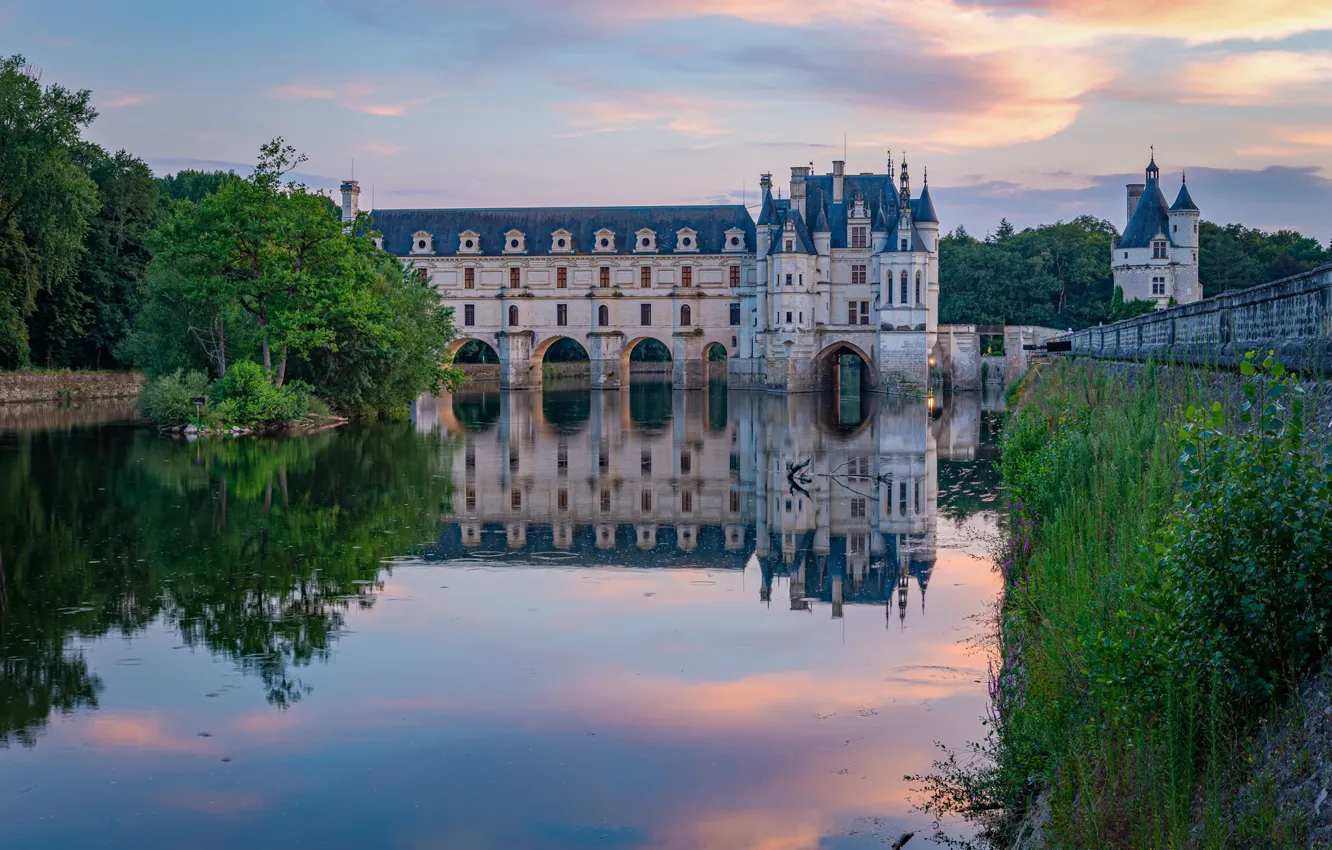 Photo wallpaper architecture, pond, trees, castle