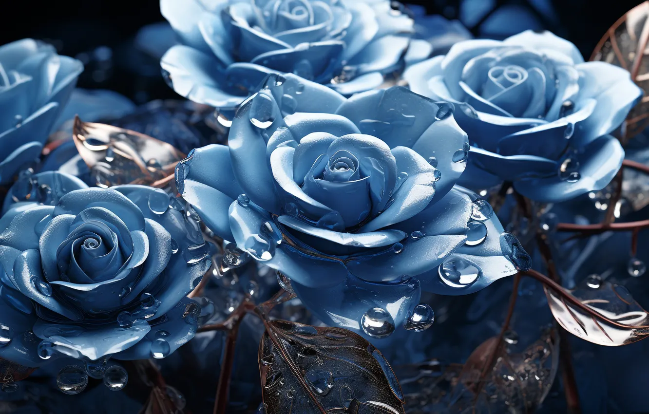 Photo wallpaper flowers, roses, bouquet, blue, AI art, neural network