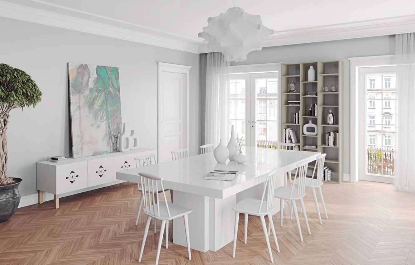 Photo wallpaper design, style, room, interior, dining room, white furniture