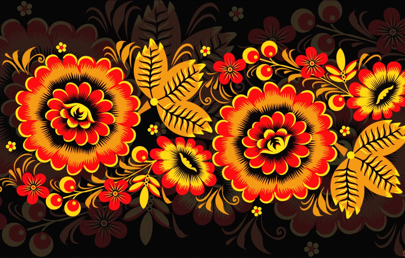 Photo wallpaper Flowers, Pattern, Style, Background, Painting, Art, Khokhloma, Khokhloma painting