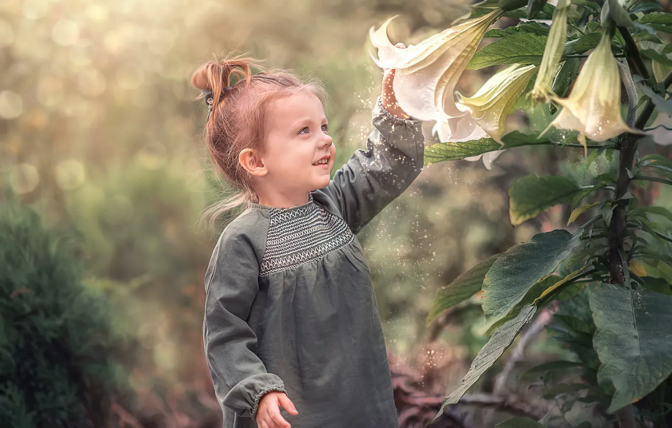 Photo wallpaper flowers, nature, pollen, Lily, girl, baby, child, bokeh