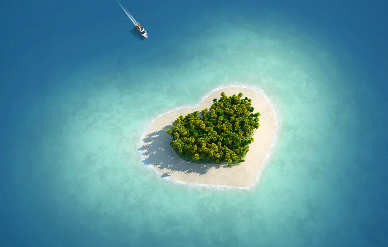 Photo wallpaper sea, Islands, love, tropics, palm trees, heart, boat, Love island