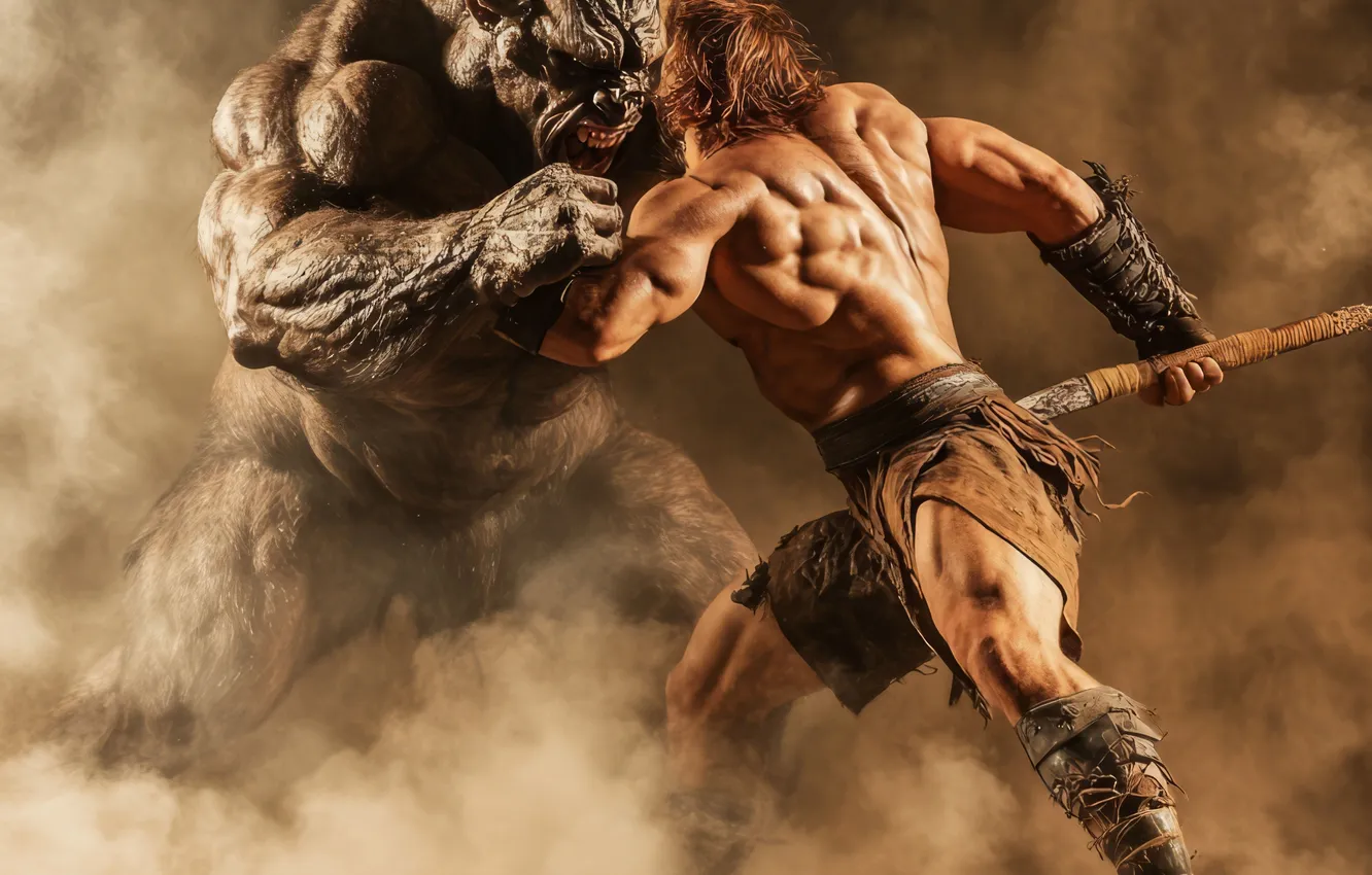 Photo wallpaper dust, warrior, horns, male, spear, battle, the battle, monster