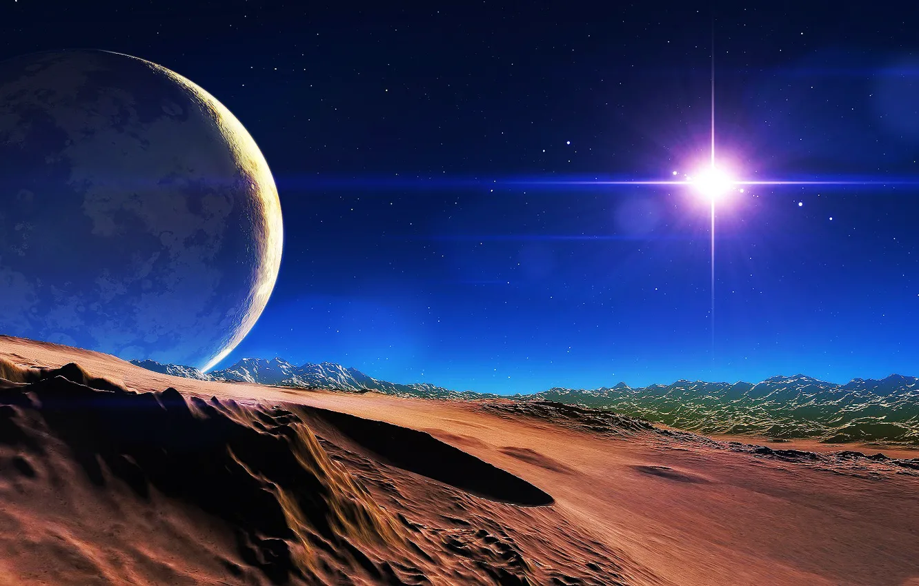 Photo wallpaper the sky, stars, mountains, planet, satellite